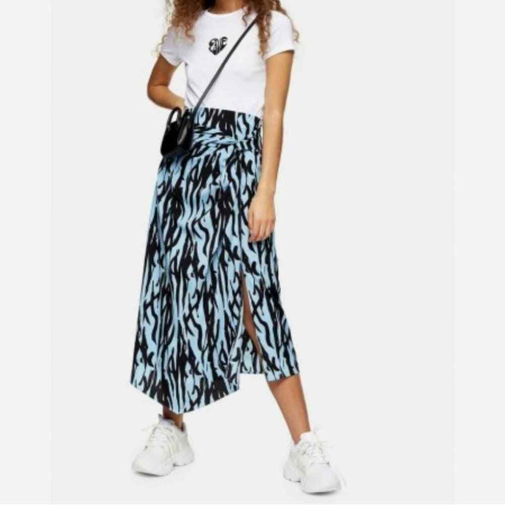 Topshop blue and black zebra print midi wrap skirt size 12
